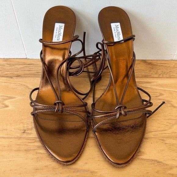 MaxMara Strappy Heeled Leather Sandals in Bronze 38 1/2 or 8.5  Ankle Wrap Ties - Picture 2 of 6